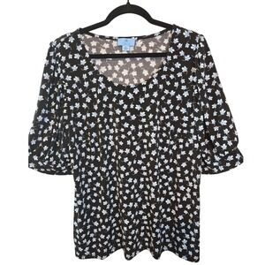 CeCe Women's Size 2X Black Floral Print short sleeve Top Garden Romance New‎